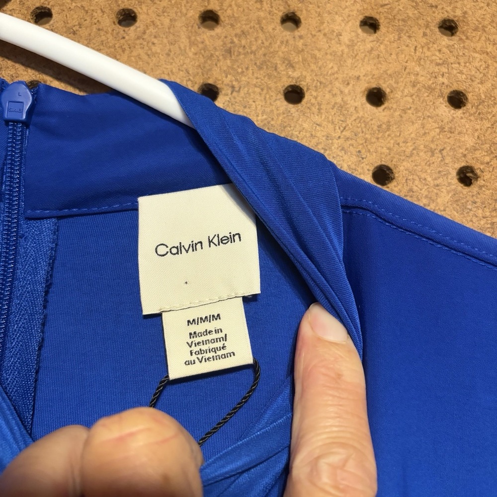 Calvin Klein Asymmetric Midi Dress Medium Cobalt Blue Mock Neck Short Sleeve - Picture 5 of 6
